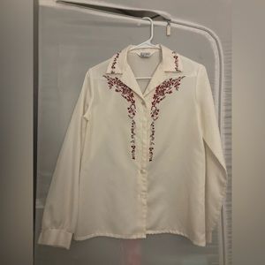 1970’s Vintage Lady Blair Cream and Red Women’s Blouse with Pearl Buttons